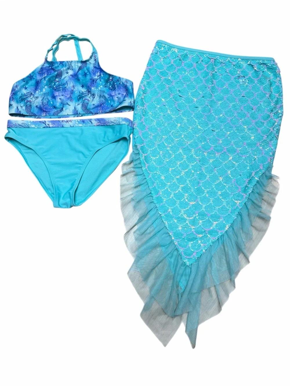 Wonder Nation Girls XL 14-16 Mermaid 3 Piece Bikini Swimsuit Tail Cover